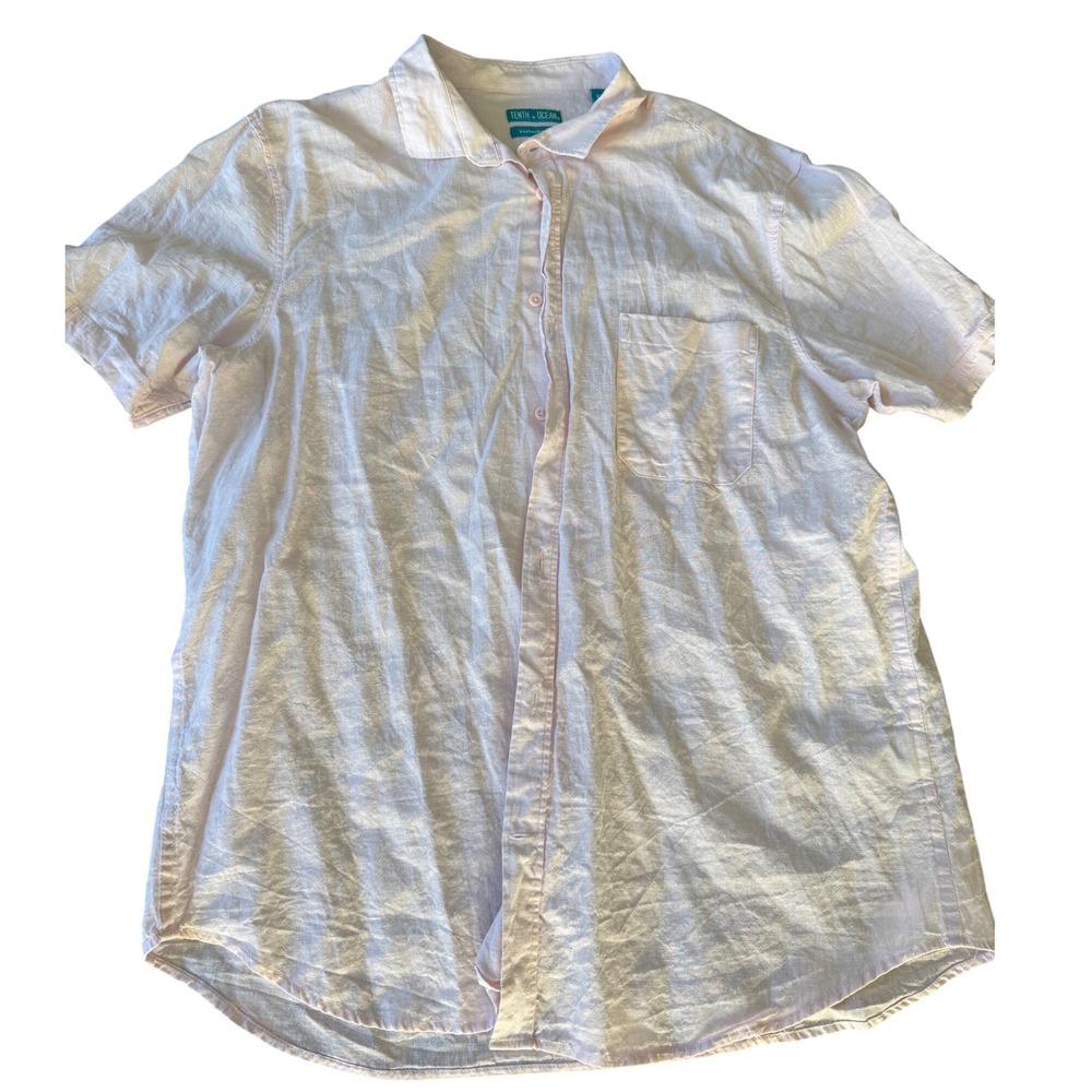 Tenth & Ocean Mens Short Sleeve Linen Cotton Button Down Shirt Pink XL Beach‎